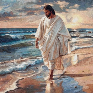 Jezus kruissteekpatronen - Jezus loopt op het strand - afdrukbare grafiek pdf-formaat handwerken borduren ambachten DIY DMC kleur