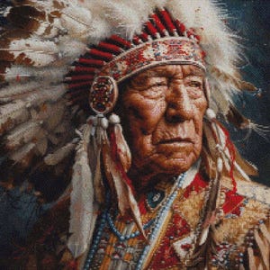 May include: A portrait of a Native American man in traditional attire. He wears a feathered headdress with red accents and a beaded necklace. The image has a painterly style, with a dark background and detailed textures.