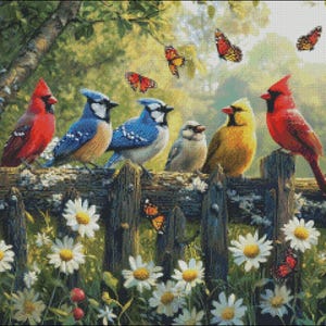 Vogels op een hek - getelde kruissteekpatronen - afdrukbare grafiek pdf-formaat handwerken borduren ambachten DIY DMC kleur