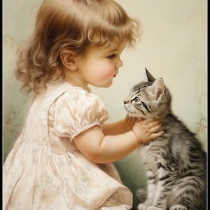 Klein meisje en een kitten 2 - vintage kruissteekpatronen - afdrukbare grafiek pdf-formaat handwerken borduren ambachten DIY DMC kleur