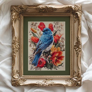 Blue Bird – Tulpen - getelde kruissteekpatronen - afdrukbare grafiek pdf-formaat handwerken borduren ambachten DIY DMC kleur