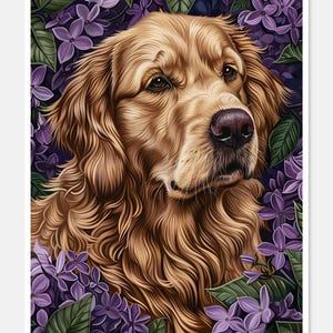 Golden retriever en seringen - getelde kruissteekpatronen - afdrukbare grafiek pdf-formaat handwerken borduren ambachten DIY DMC kleur