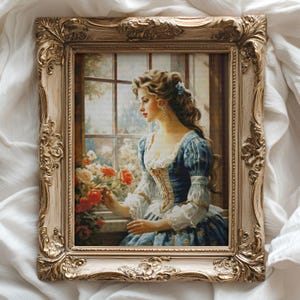 Dame bij het raam - vintage kruissteekpatronen - afdrukbare tabel in pdf-formaat handwerken borduren ambachten DIY DMC kleur