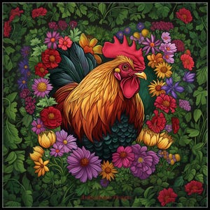 Haan in een hart van bloemen - getelde kruissteekpatronen - afdrukbare grafiek pdf-formaat handwerken borduren ambachten DIY DMC kleur