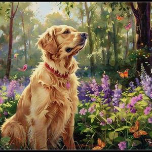 Golden retriever in het bos - hond kruissteekpatronen - afdrukbare grafiek pdf-formaat handwerken borduren ambachten DIY DMC kleur