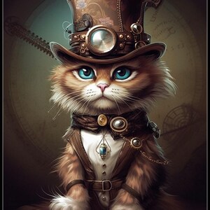 Steampunk Kitty 3 - getelde kruissteekpatronen - afdrukbare grafiek pdf-formaat handwerken borduren ambachten DIY DMC kleur