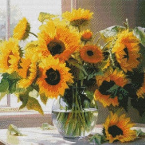 Zonnebloemen in een vaas - bloemen kruissteekpatronen - afdrukbare grafiek pdf-formaat handwerken borduren ambachten DIY DMC kleur