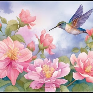 Roze bloemen met een kolibrie - getelde kruissteekpatronen - afdrukbare grafiek pdf-formaat handwerken borduren ambachten DIY DMC kleur