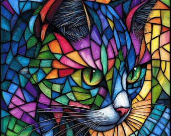 Stained Glass Cat - Counted Cross Stitch Patterns - Printable Chart PDF Format Needlework Embroidery Crafts DIY DMC color