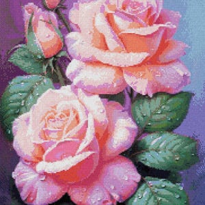 Waterdruppel roze rozen 3 - getelde kruissteekpatronen - afdrukbare grafiek pdf-formaat handwerken borduren ambachten DIY DMC kleur