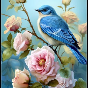 Blue Bird and Roses - getelde kruissteekpatronen - afdrukbare grafiek pdf-formaat handwerken borduren ambachten DIY DMC kleur