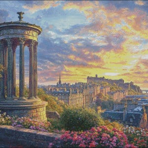 Zonsopgang bij Calton Hill 2 - kat kruissteekpatronen - afdrukbare grafiek pdf-formaat handwerken borduren ambachten DIY DMC kleur