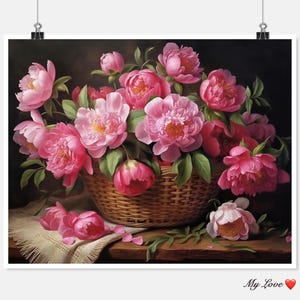 Roze pioenrozen in mand - getelde kruissteekpatronen - afdrukbare grafiek pdf-formaat handwerken borduren ambachten DIY DMC kleur