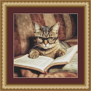 Katten kruissteekpatronen - Cat Reading 3 - afdrukbare grafiek PDF-formaat Handwerken Borduren Knutselen DIY DMC-kleur