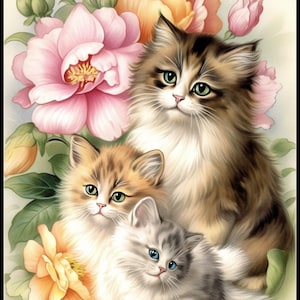 Kittens tussen pioenrozen - getelde kruissteekpatronen - afdrukbare grafiek pdf-formaat handwerken borduren ambachten DIY DMC kleur