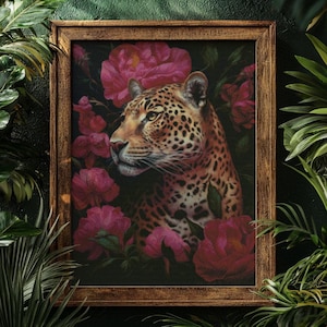 Jaguar tussen rode bloemen - getelde kruissteekpatronen - afdrukbare grafiek pdf-formaat handwerken borduren ambachten DIY DMC kleur