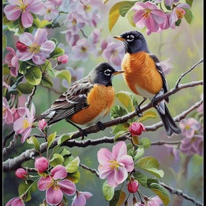 Robins on Crabapple Blooms 2 - getelde kruissteekpatronen - afdrukbare grafiek pdf-formaat handwerken borduren ambachten DIY DMC kleur
