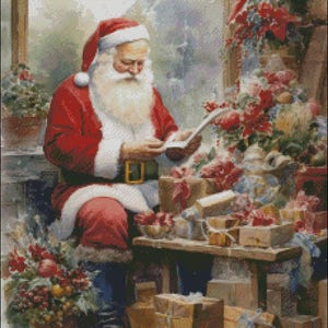Kerstman aan het werk - getelde kruissteekpatronen - afdrukbare tabel in pdf-formaat handwerken borduren knutselen doe-het-zelf DMC-kleur