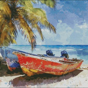 Boten op het strand - getelde kruissteekpatronen - afdrukbare tabel in pdf-formaat handwerken borduren knutselen DHZ DMC kleur