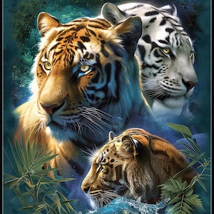 Three Big Cats - getelde kruissteekpatronen - afdrukbare tabel in pdf-formaat handwerken borduren ambachten DIY DMC kleur