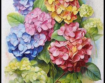 Multi Colored Hydrangea - Counted Cross Stitch Patterns - Printable Chart PDF Format Needlework Embroidery Crafts DIY DMC color