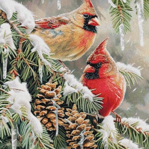 Patrón de punto de cruz contado "Cardenales sobre hojas perennes": Aves de invierno (gráfico en PDF descargable)