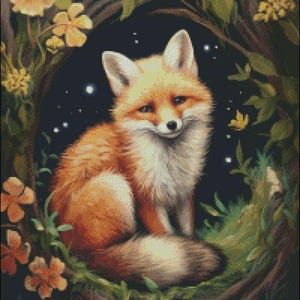 Fox in the Moonlight - getelde kruissteekpatronen - afdrukbare grafiek pdf-formaat handwerken borduren ambachten DIY DMC kleur