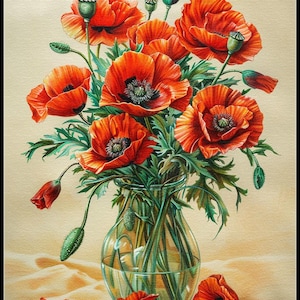 Boeket rode klaprozen - bloemen kruissteekpatronen - afdrukbare grafiek pdf-formaat handwerken borduren ambachten DIY DMC kleur