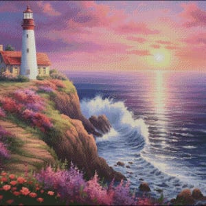 Cozy Cove Lighthouse 5 - Kat kruissteekpatronen - afdrukbare grafiek pdf-formaat handwerken borduren ambachten DIY DMC kleur