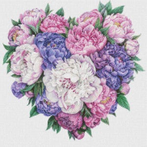 Peony Heart Delight - Bloemen kruissteekpatronen - afdrukbare grafiek pdf-formaat handwerken borduren ambachten DIY DMC kleur