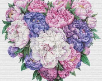 牡丹ハートのクロスステッチパターン：花の刺繍DIY（PDF）