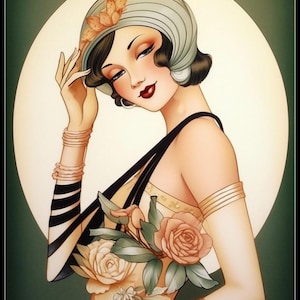 Art Deco Lady Happy 2 - Getelde kruissteekpatronen - Afdrukbare grafiek PDF-formaat Handwerken Borduren Knutselen DIY DMC-kleur