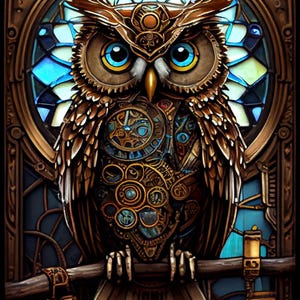 Steampunkuil, gebrandschilderd glas 1 - getelde kruissteekpatronen - afdrukbare grafiek pdf-formaat handwerken borduren ambachten DIY DMC kleur