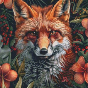 Rode vos gezicht bloemen - getelde kruissteekpatronen - afdrukbare grafiek pdf-formaat handwerken borduren ambachten DIY DMC kleur