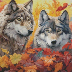 Twee grijze wolven 1 - getelde kruissteekpatronen - afdrukbare grafiek pdf-formaat handwerken borduren ambachten DIY DMC kleur