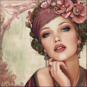 Art Deco Lady 43 - Getelde kruissteekpatronen - Afdrukbare grafiek PDF-formaat Handwerken Borduren Knutselen DIY DMC-kleur