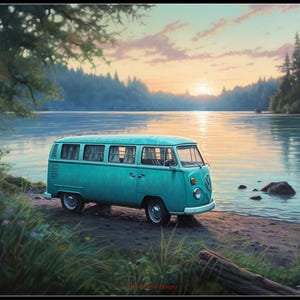 VW Van Kamperen op het strand - getelde kruissteekpatronen - afdrukbare grafiek pdf-formaat handwerken borduren ambachten DIY DMC kleur