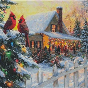 Cardinals at Home for Christmas 3 - Kat kruissteekpatronen - afdrukbare tabel pdf-formaat handwerken borduren ambachten DIY DMC kleur