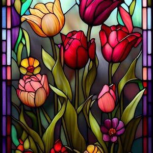 Tulpen glas in lood 2 - getelde kruissteekpatronen - afdrukbare grafiek pdf-formaat handwerken borduren ambachten diy dmc kleur