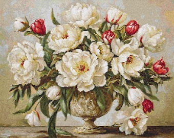 Flowers in a Vintage Vase - Counted Cross Stitch Patterns - Printable Chart PDF Format Needlework Embroidery Crafts DIY DMC color