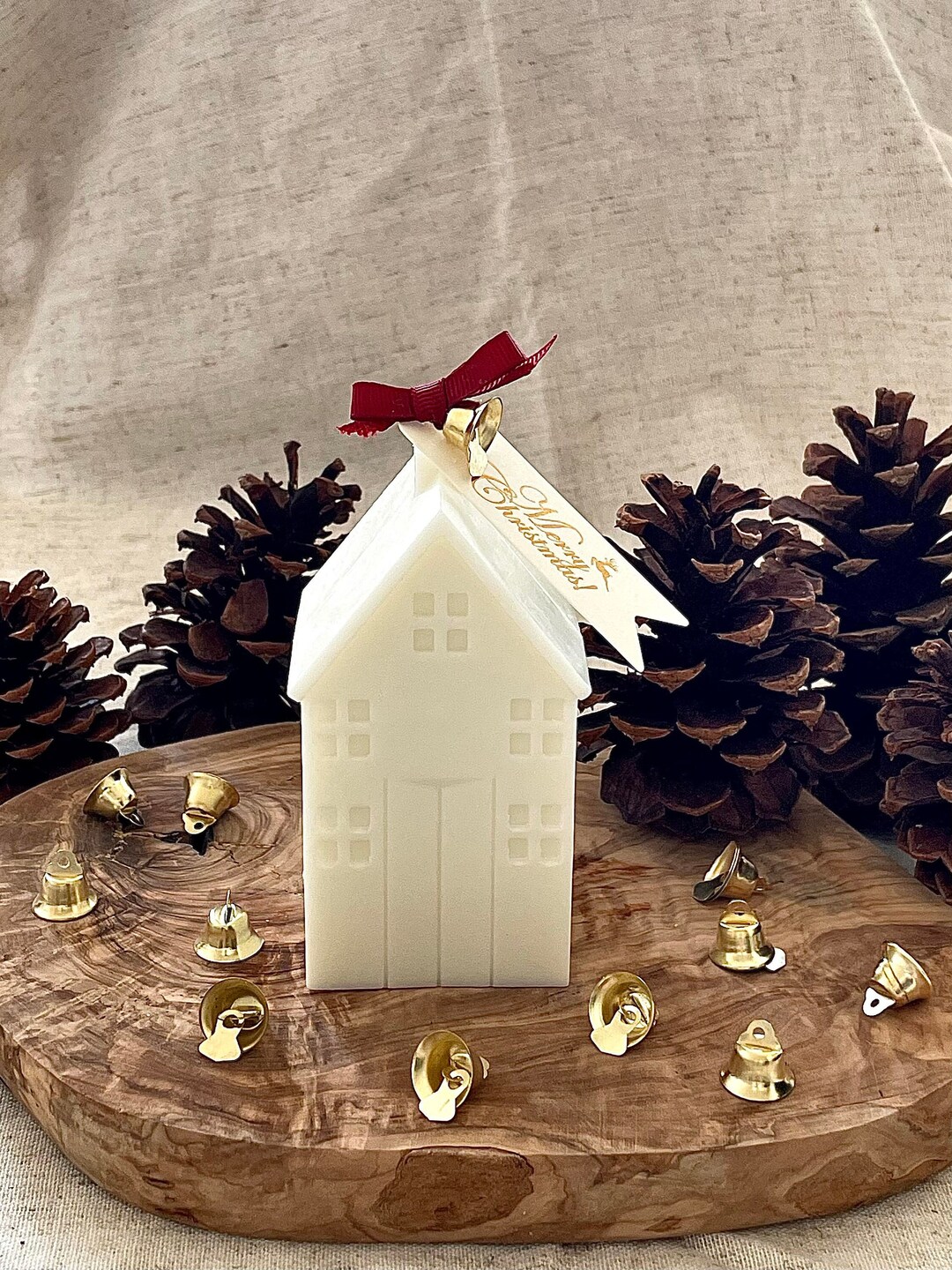 Merry Christmas House Candle Adorned With Bell Bow and Etsy