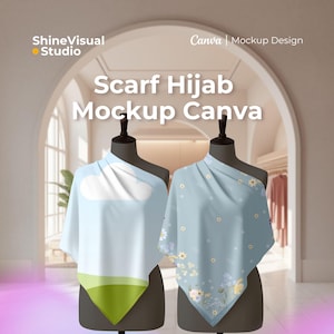 May include: Two hijab scarves draped on mannequins. One is light blue with a white cloud design and green trim. The other is light blue with a floral pattern. The text "Scarf Hijab Mockup Canva" is displayed.
