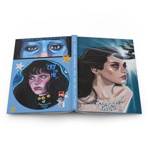 May include: Open book with illustrations and text. The left side features a portrait with the words "CRY FOR ME" and "IMAGINAL DISK." The right side shows a woman's portrait with the words "IMAGINAL DISK" and the text "IT'S HERE, IMAGINAL DISK, SAY HELLO, IT'S YOU."