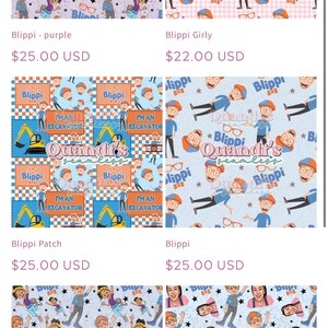 Puede incluir: Muestras de tela con dise&ntilde;os coloridos con el personaje Blippi. Los dise&ntilde;os incluyen a Blippi con gafas, estrellas y el texto "Quandt's Seamless". Otros patrones incluyen excavadoras y el texto "I'm an excavator".