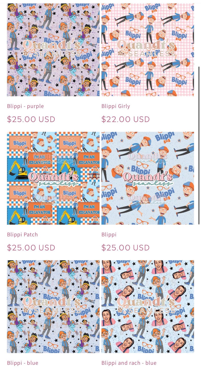 Puede incluir: Muestras de tela con dise&ntilde;os coloridos con el personaje Blippi. Los dise&ntilde;os incluyen a Blippi con gafas, estrellas y el texto "Quandt's Seamless". Otros patrones incluyen excavadoras y el texto "I'm an excavator".