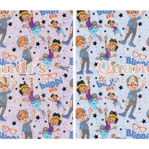 Puede incluir: Patr&oacute;n sin costuras con personajes de dibujos animados y el texto "Quandt's SEAMLESS" y "Blippi". El dise&ntilde;o presenta personajes en varias poses sobre un fondo morado claro con estrellas y gafas.