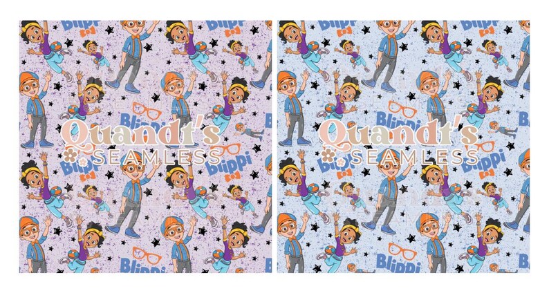 Puede incluir: Patr&oacute;n sin costuras con personajes de dibujos animados y el texto "Quandt's SEAMLESS" y "Blippi". El dise&ntilde;o presenta personajes en varias poses sobre un fondo morado claro con estrellas y gafas.