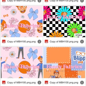 Puede incluir: Una colecci&oacute;n de dise&ntilde;os de tela con personajes de dibujos animados, veh&iacute;culos de construcci&oacute;n y patrones florales. La paleta de colores incluye rosa, naranja, azul y verde. Los textos "Fancy Fabrics" y "Blippi" son visibles.