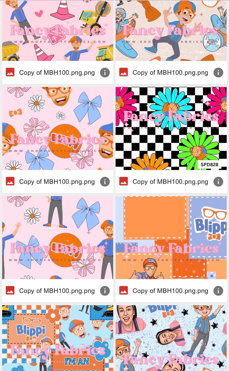 Puede incluir: Una colecci&oacute;n de dise&ntilde;os de tela con personajes de dibujos animados, veh&iacute;culos de construcci&oacute;n y patrones florales. La paleta de colores incluye rosa, naranja, azul y verde. Los textos "Fancy Fabrics" y "Blippi" son visibles.