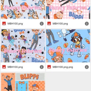 Puede incluir: Dise&ntilde;os de tela con personajes de los programas infantiles "Bluey" y "Blippi". Los dise&ntilde;os incluyen personajes de dibujos animados, estrellas y texto sobre varios fondos, incluyendo azul claro y cuadros rosas.